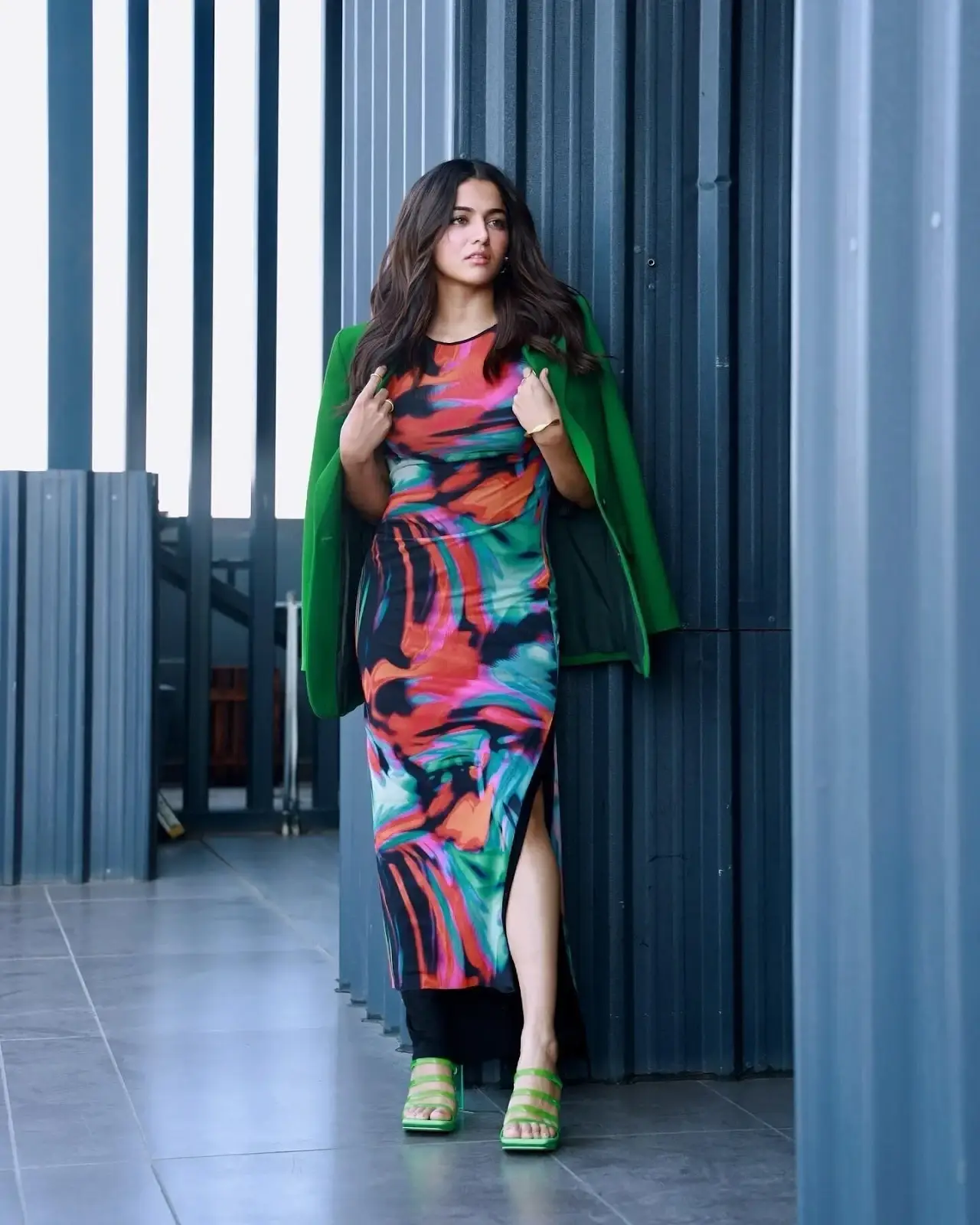 Beautiful Indian Model Wamiqa Gabbi Long Legs Show in Green Gown